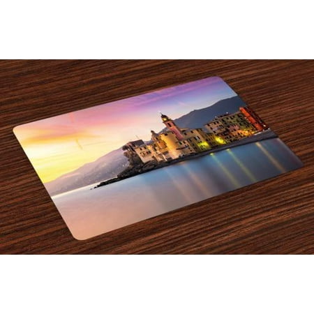 Cityscape Placemats Set of 4 Old Mediterranean Town Camogli of Italy at Sunrise Colorful Scenic Landscape, Washable Fabric Place Mats for Dining Room Kitchen Table Decor,Peach Yellow, by (Best Scenic Places In Italy)