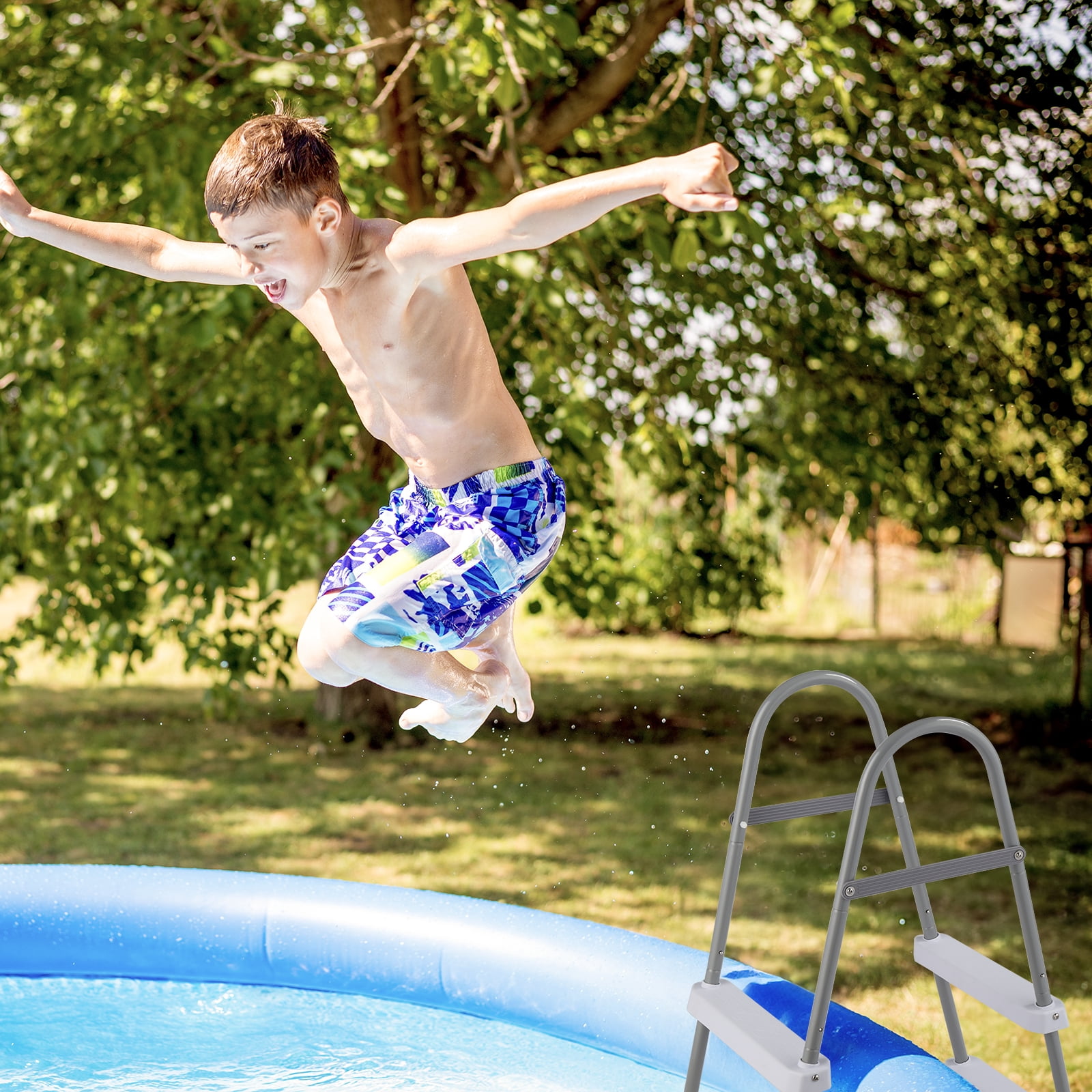 Ktaxon 2-Step 33" Steel Above Ground Pool Ladder, Heavy Duty Non-Slip, Gray Frame & White Steps