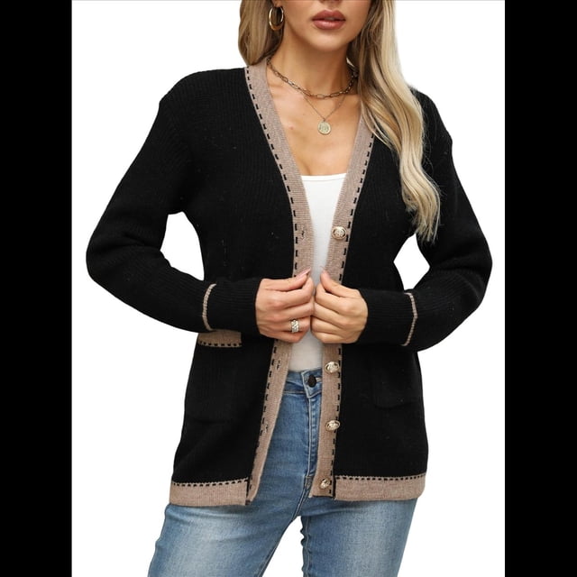 Suéteres Tipo Cárdigan para Mujer, de Punto, de Larga, con Botones y Bolsillos, para Otoño e Invierno Negro XL