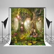 HelloDecor Polyester Fabric Fairytale Photography Backdrop 5x7ft Green Tree Forest Outdoor Newborn Photo Studio Background Kids Baby Birthday Picture
