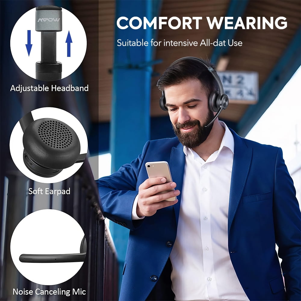 Bluetooth Headset V5.3, Superior Stereo Vibration Sound with Active Noise Cancelling Microphone, Dual Device Connection, 45H Talk Time Comfortable On-Ear Wireless Headphones for Phones, Computers