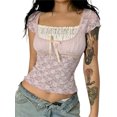 thumbnail image 2 of Womens Fairy Grunge Aesthetic Crop Top Short Sleeve Square Neck Vintage Shirt Graphic Print Lace Summer Tee(B Pink,S), 2 of 9