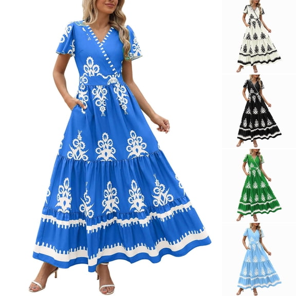 Lovzfmll Women's Dressy Sundress, V-Neck Short Sleeve with Pocket & Print, Vacation Maxi Dress Light Blue, S