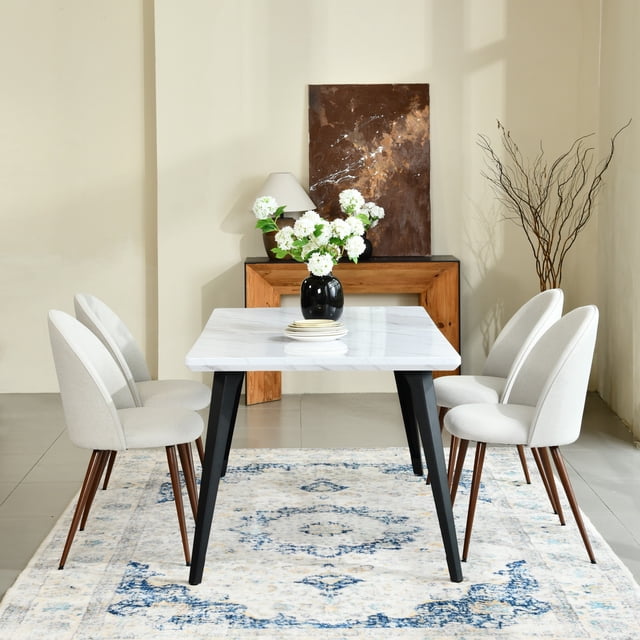 Homy Casa 5-Piece Dining Set, Faux Walnut Rectangular Table with Upholstered Chairs
