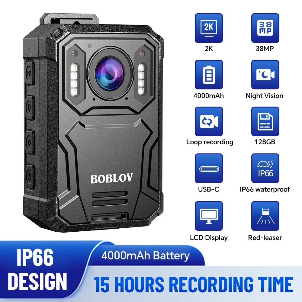 BOBLOV 2K Body Camera, 128GB Body Worn Camera with Night Vision, 4000mAh Battery for 15 Hours Continuous Recording, with Car Suction for Dashcams