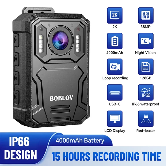 BOBLOV 2K Body Camera, 128GB Body Worn Camera with Night Vision, 4000mAh Battery for 15 Hours Continuous Recording, with Car Suction for Dashcams
