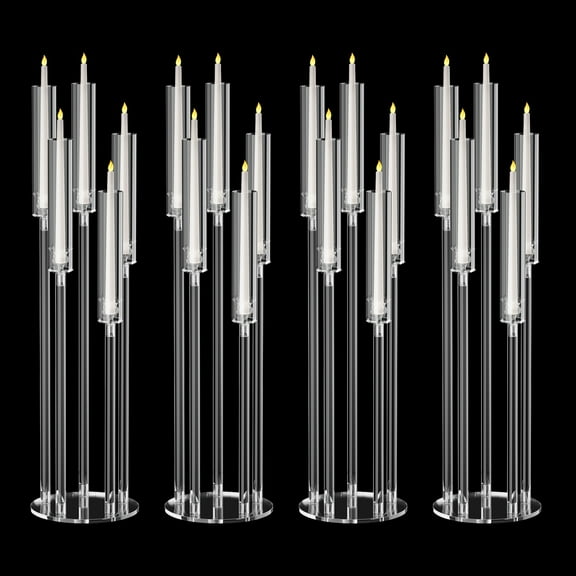 Fogcroll 4PCS Tall Candelabra Centerpieces Clear Candle Taper Candlestick Holder 5 Arm Candlesticks Holder with Acrylic Shade LED Candle Round Base for Wedding Dinner Party
