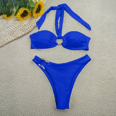 OSFVNOXV Two-Piece Swimsuits for Women Halter Neck Bandeau Top Ruched Backless Adjustable Strap Thongs Bathing Suits Clearance