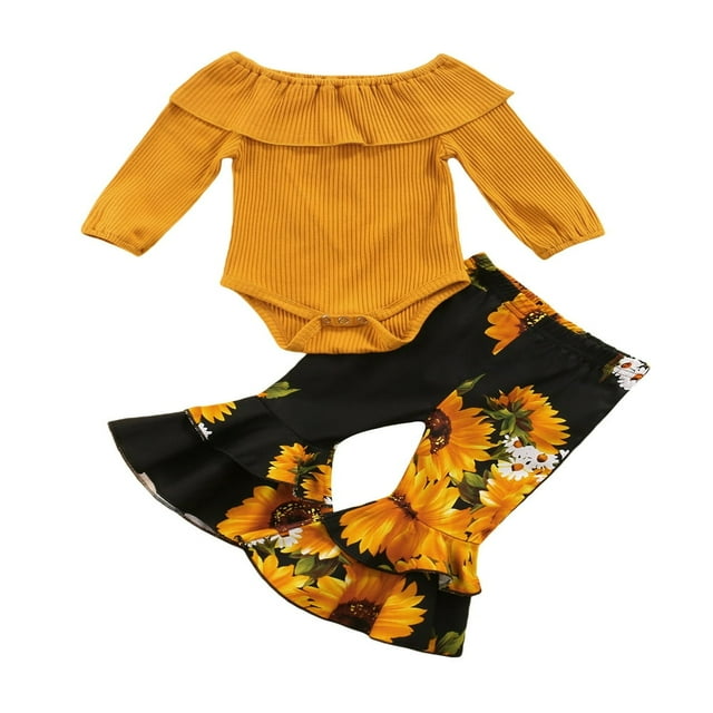 EIMELI 2 Pcs Newborn Casual Outfits Toddler Ribbed Long Sleeve Round Neck Ruffle Playsuit+Sunflower Print Flared Pants