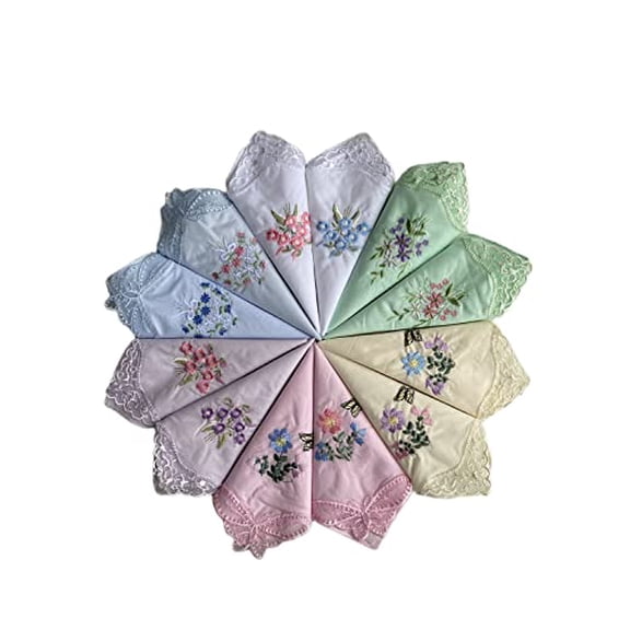 Womens Vintage Floral Wedding Party Cotton Handkerchiefs,Embroidered with Lace (Lace Handkies-12PCS)