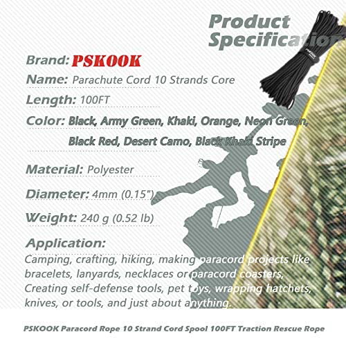 Camping Outdoor Backpacking Hiking Flammable Thread Tinder for Emergency PSKOOK 550 Paracord Type III 10 Strand Survival Cord para Cord Tactical Parachute Rope with Integrated Fishing Line