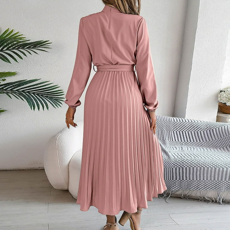 Swiftwear Women's Elegant Long Sleeve Pleated Casual Dress - High Waisted-Office Party Gown with Bow Tie Waist S-xl, Size: Large, Pink Swiftwear Women's Elegant Long Sleeve Pleated Casual Dress - High Waisted-Office Party Gown with Bow Tie Waist S-xl, Size: Large, Pink