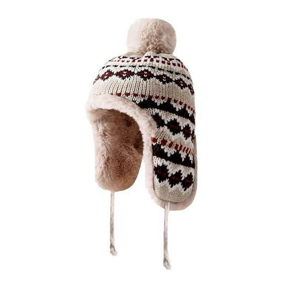 Winter Knitted Hat Thickened Fleece Lined Warm Earflap Pom Pom Jacquard Weave Outdoor Ski Snow Hat
