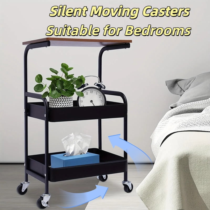 Howcool 3-Layer Metal Rolling Cart with Lockable Wheel, Kitchen Storage Rack with Wooden Desktop