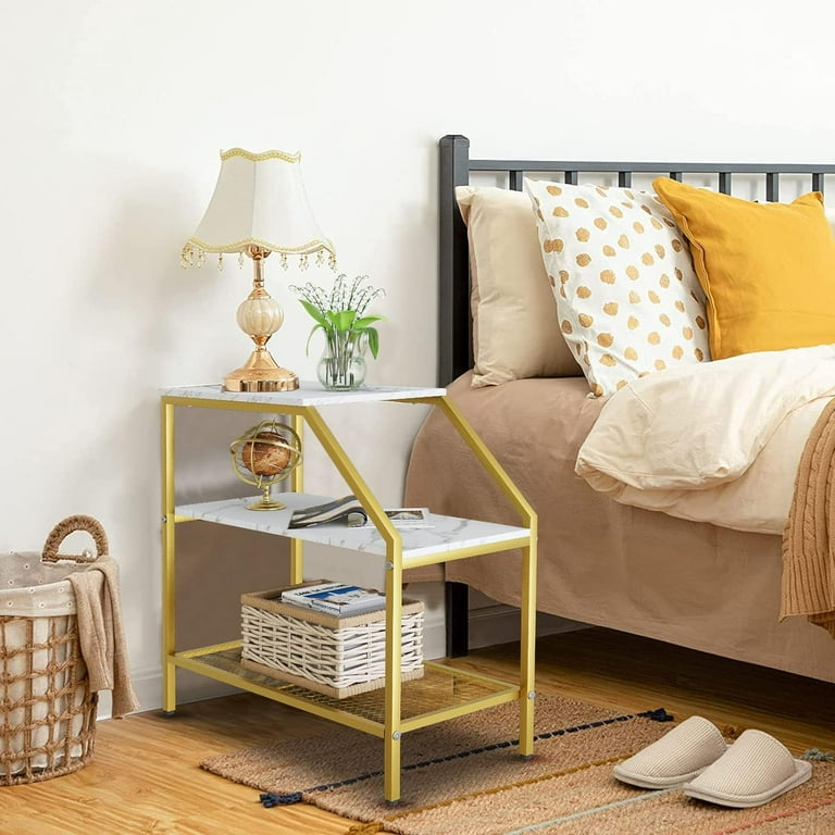 End Table 3 Tiers White Marble Wood Nightstand with Storage Ladder Shelf Sofa Side Table for Small Space Modern Trapezoid Furniture Plant Stand in