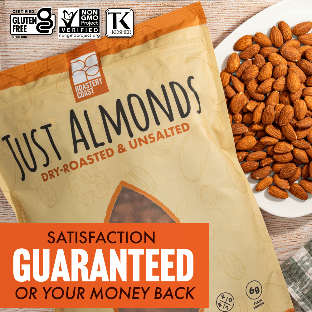 Roastery Coast Just Roasted Almonds | 3 Pounds | Bulk | Unsalted Nuts | Slow Dry Roasted | Steam Pasteurized | Plant Protein | Gluten Free | Non-GMO | Low carb | Keto Snack