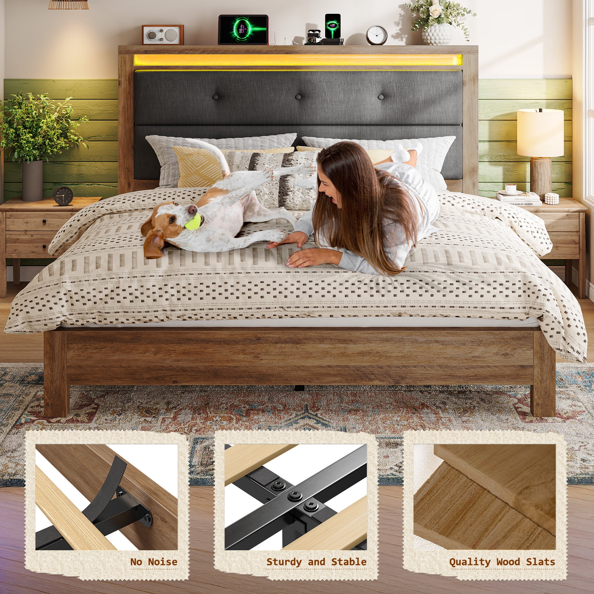 EnHomee Queen Bed Frame with LED Lights and Charging Station Upholstered Platform Bed with Headboard & Storage Shelf Sturdy Wood Qunne Size Bed Frame, No Box Spring Needed, Gray
