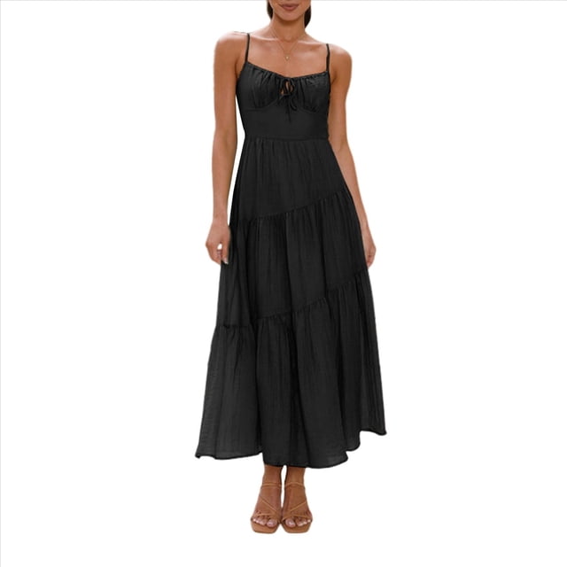 Vestido Fluido con Tirantes Finos y Corsé para Mujer, Ideal para Vacaciones en la Playa o Como Invitada de Boda Negro L