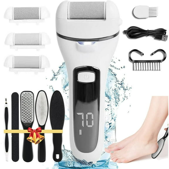 13 in 1 Electric Foot Scrubber to Remove Dead Skin with 3 Roller Heads 2 Speed & Battery Display for Pedicure Kit,White