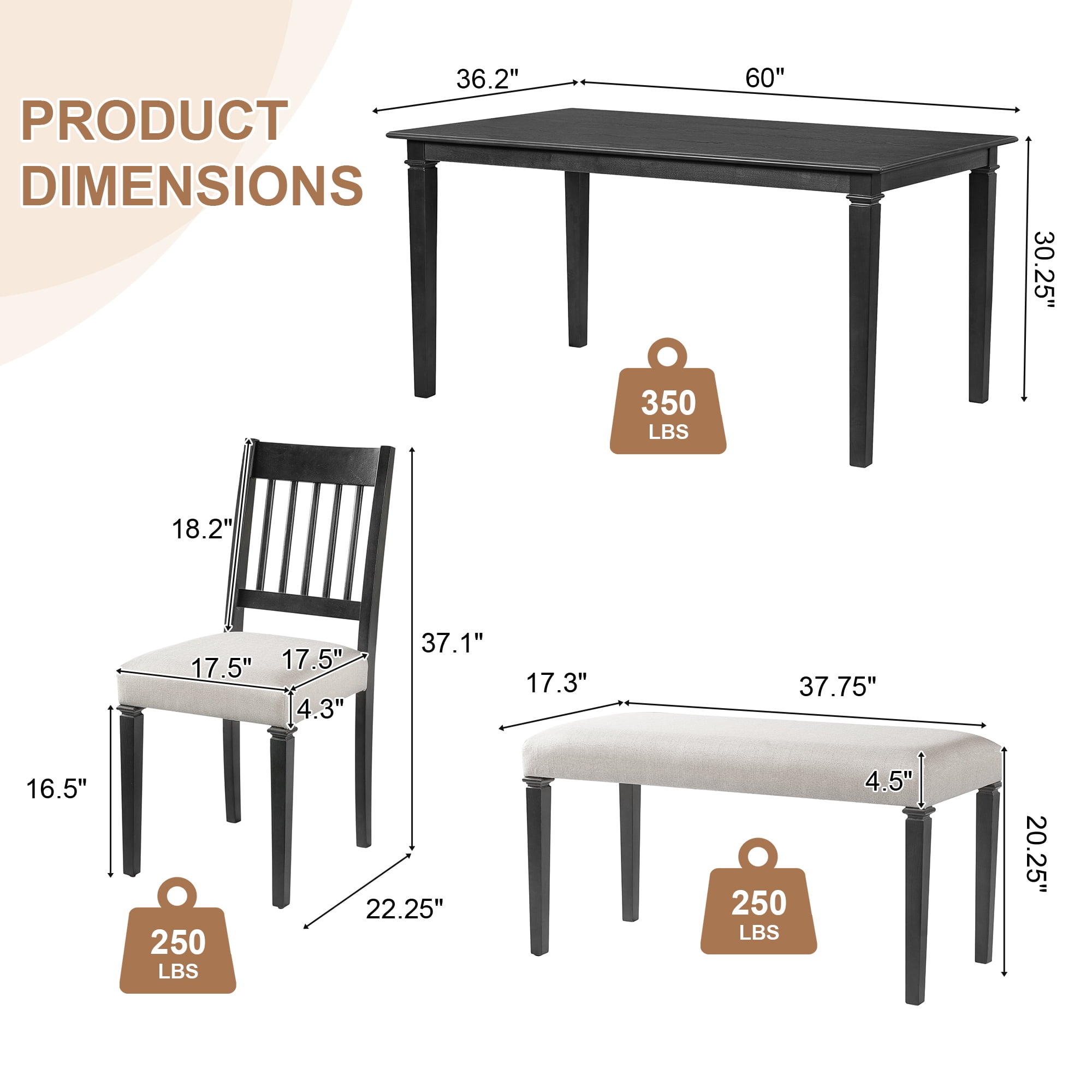 Euroco 6 Pieces Wood Dining Table Set with Bench,Retro Rectangular Table with 4 Upholstered Chairs & 1 Bench for Kitchen & Dining Room,Grey