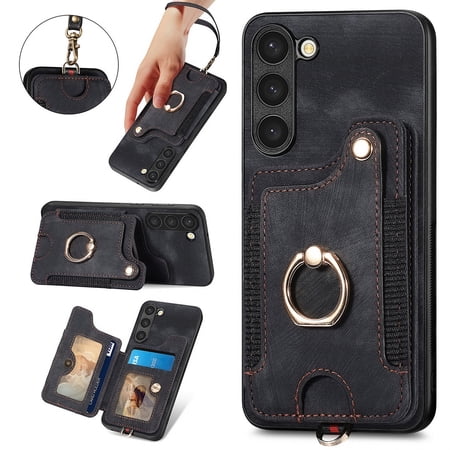 SaniMore for Samsung Galaxy S21 Wallet Case, [RFID Blocking] Elastic Card Slot Vehicle Magnetic PU Leather Ring Holder & Lanyard Stand Money Pocket Cover for Samsung S21 5G, Black