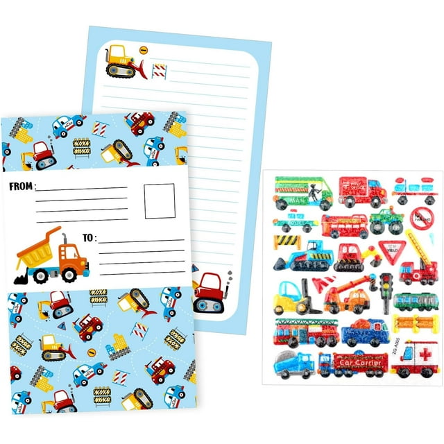 xianyou-16pcs Fold-Over Ready to Send Note Cards & Stickers, All-in-One Envelope & Note Cards Children's Cartoon Greeting Cards Camp Stationery for Kids Students All Occasions (truck pattern)