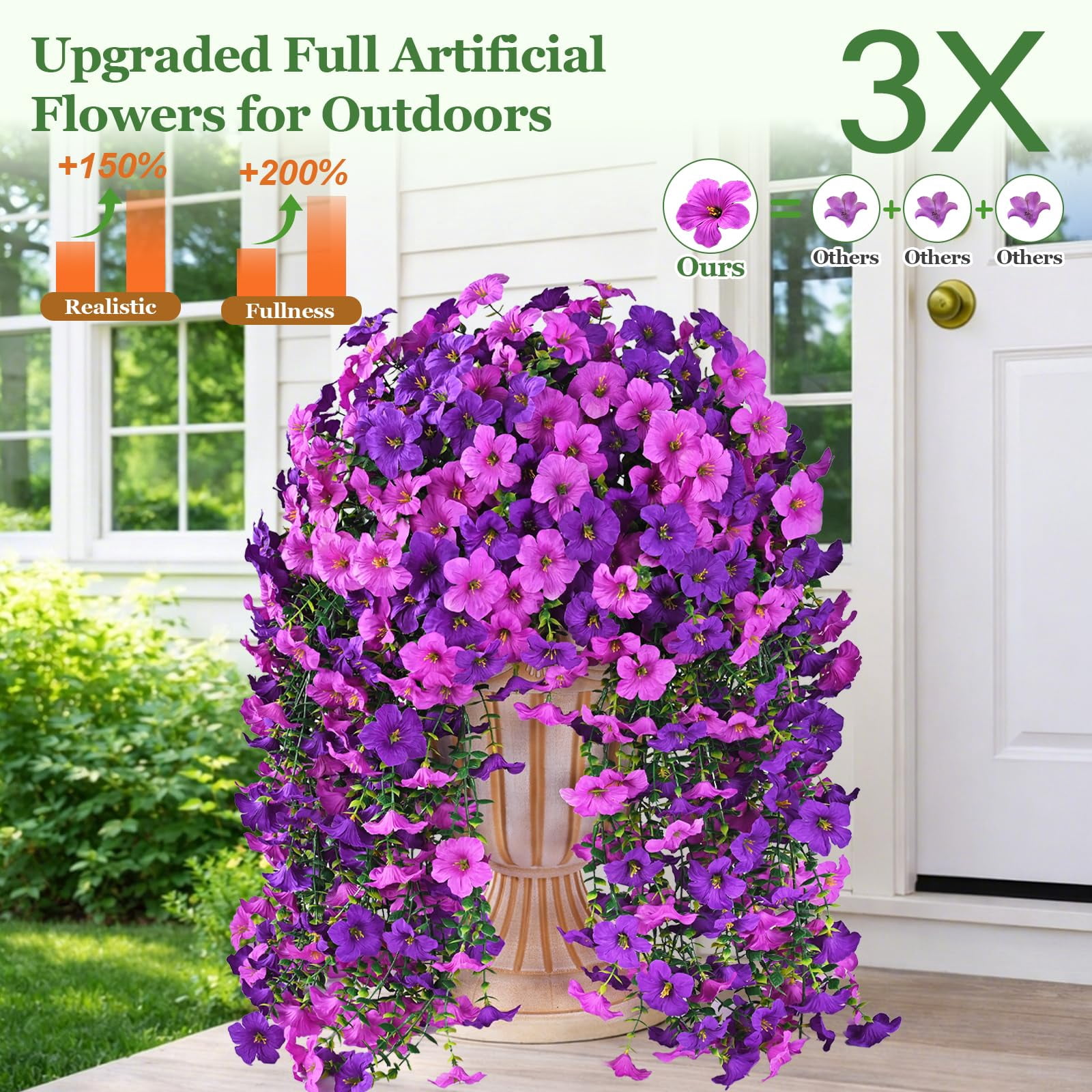 Artificial Flowers for Outdoors, 2 PCS Full UV Resistant Artificial Outdoor Flowers, Large Size Faux Flowers for Outdoor planters Fake Hanging Flowers Plants for Porch, Front Door, Garden