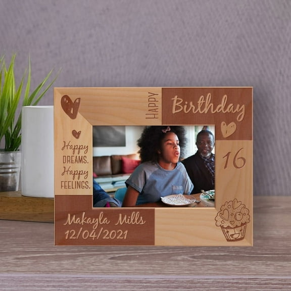 Happy Birthday Happy Dreams Happy Feelings Personalized Wooden Frame-5" x 3 1/2" Brown Horizontal