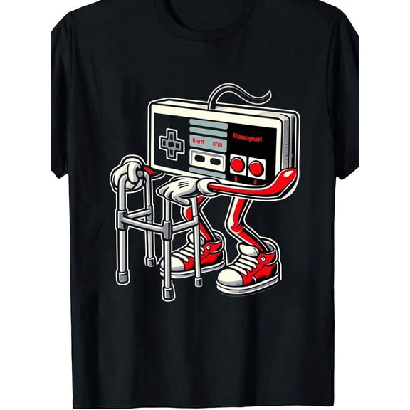 1pc Men's Retro Game Controller Print Black TShirt, Crew Neck, Casual Cotton Tee Medium Stretch Knit Fabric, Men's Regular Fit, Size