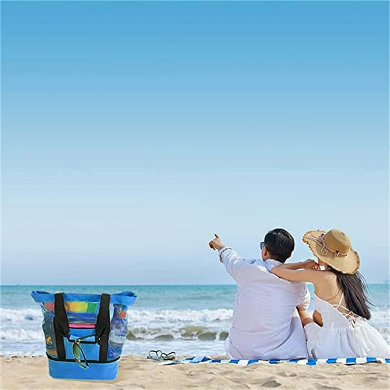 Multi Function Picnic Thermal Preservation Bag Beach Bag Double Layer Thermal Insulation Mesh Zipper Beach Picnic Bag Blue