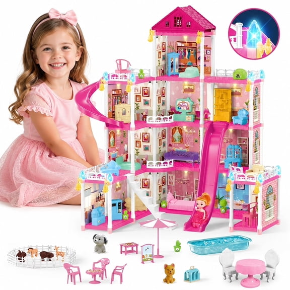 JoyStone 12 Rooms Light-Up Doll House for Girls, 31.1 in Large Dollhouse Playset with Warm LED Lights, 2 Dolls, Slide, Furniture Accessories, Pretend Play Toy Gift for Kids Ages 3