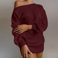thumbnail image 2 of YWDJ Casual Dresses for Women Women Fashion Casual Off-the-shoulder Lantern Sleeve Knit Sweater Dress Wine XS, 2 of 4