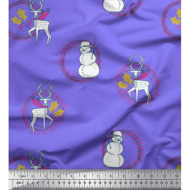 Soimoi Cotton Poplin Fabric Wreath,Snowman,Reindeer Animal Print Fabric by Yard 42 Inch Wide