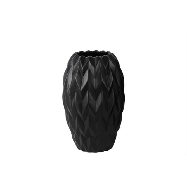 Urban Trends Collection 21427 4 Piece Small Gloss Black Ceramic Round Vase with Round Lip Embossed Wave Design & Rounded Bottom, 6.00 x 6.00 x 14.25 in.