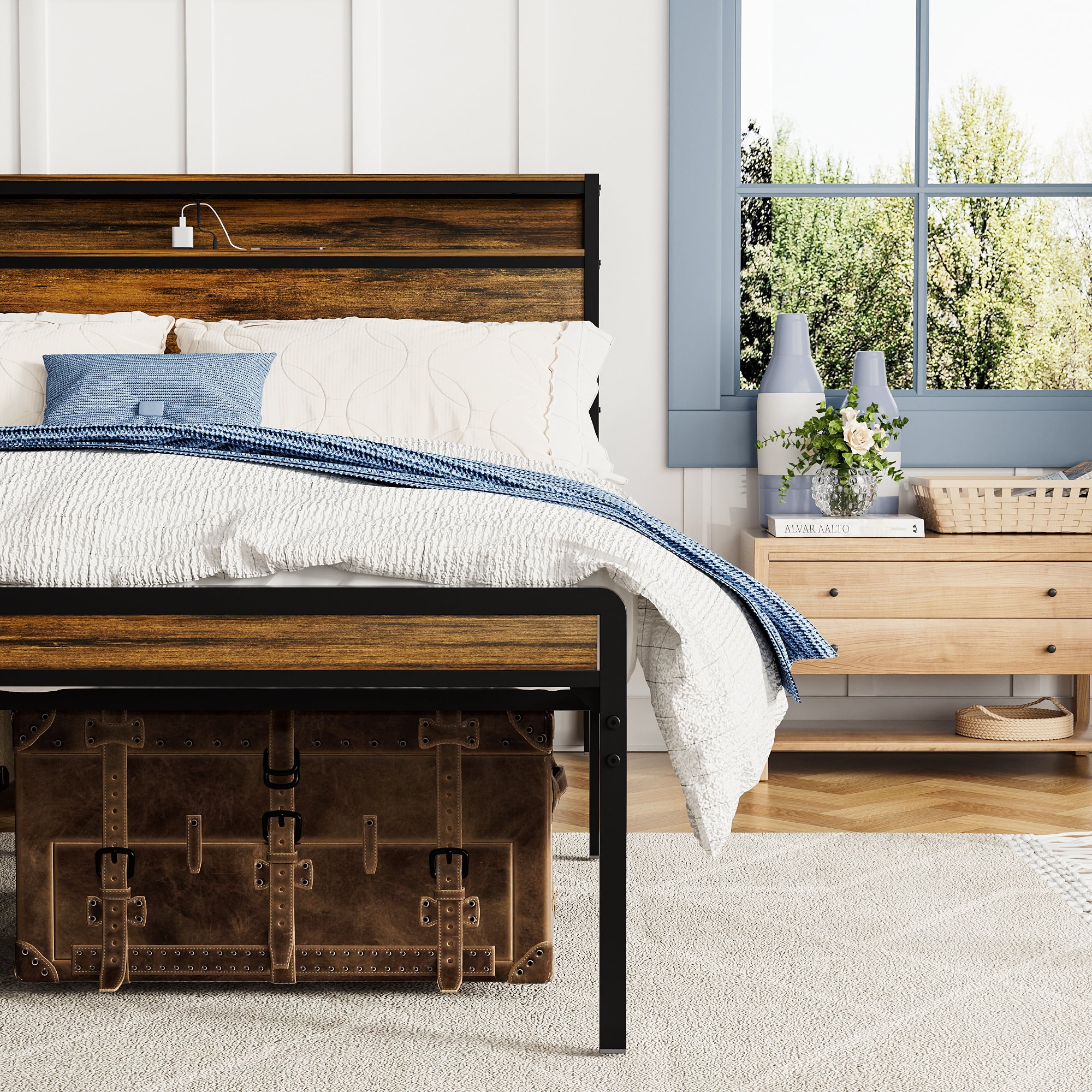 Miniyam Queen Size Bed with LED Headboard, Power Outlets and USB for Adult, Brown