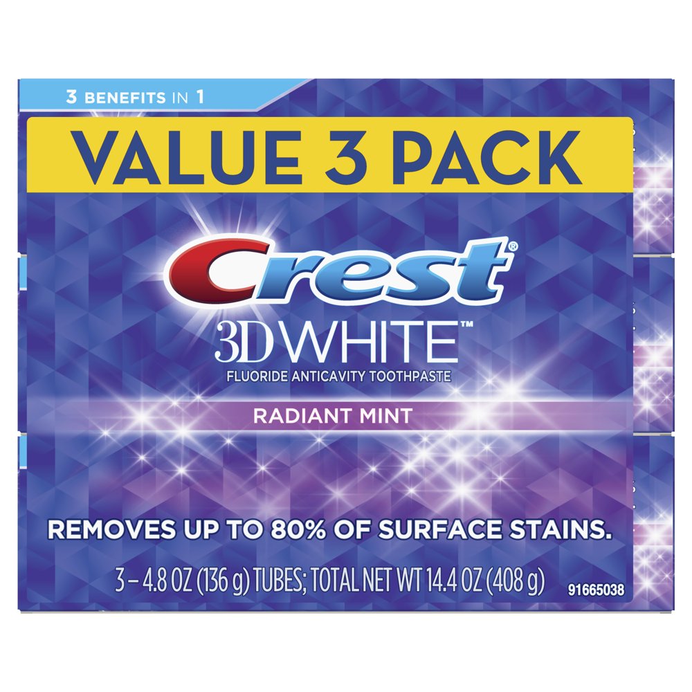 Crest 3D White Whitening Toothpaste, Radiant Mint, 4.8 oz, Pack of 3