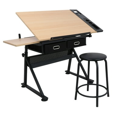Veado Height Adjustable Drafting Table Drawing Table Artist Desk Tilting Tabletop Art Craft Desk Watercolor Paintings Sketching Work Station w/2 Storage Drawers and Stool for Home Office