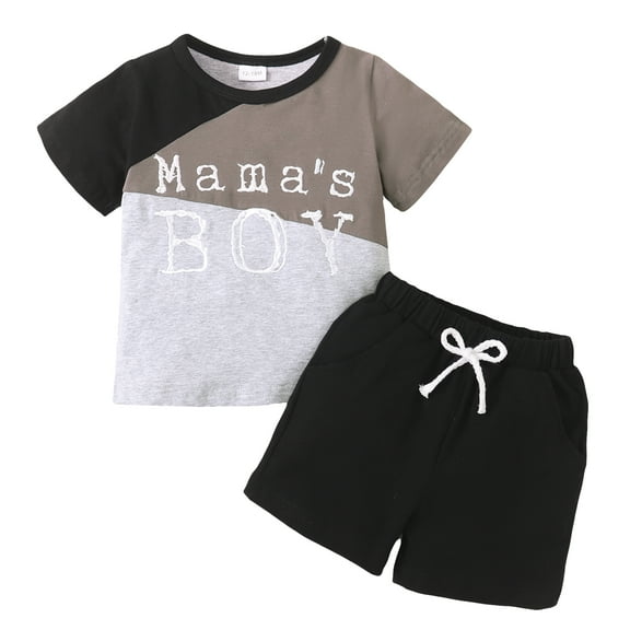 Kucnuzki Infant Baby Boys Summer Outfits 12-18 Months Clothing Sets Short Sleeves T-shirt Letter Print Color Block Top Elastic Solid Color Shorts Sets 2pcs Gray