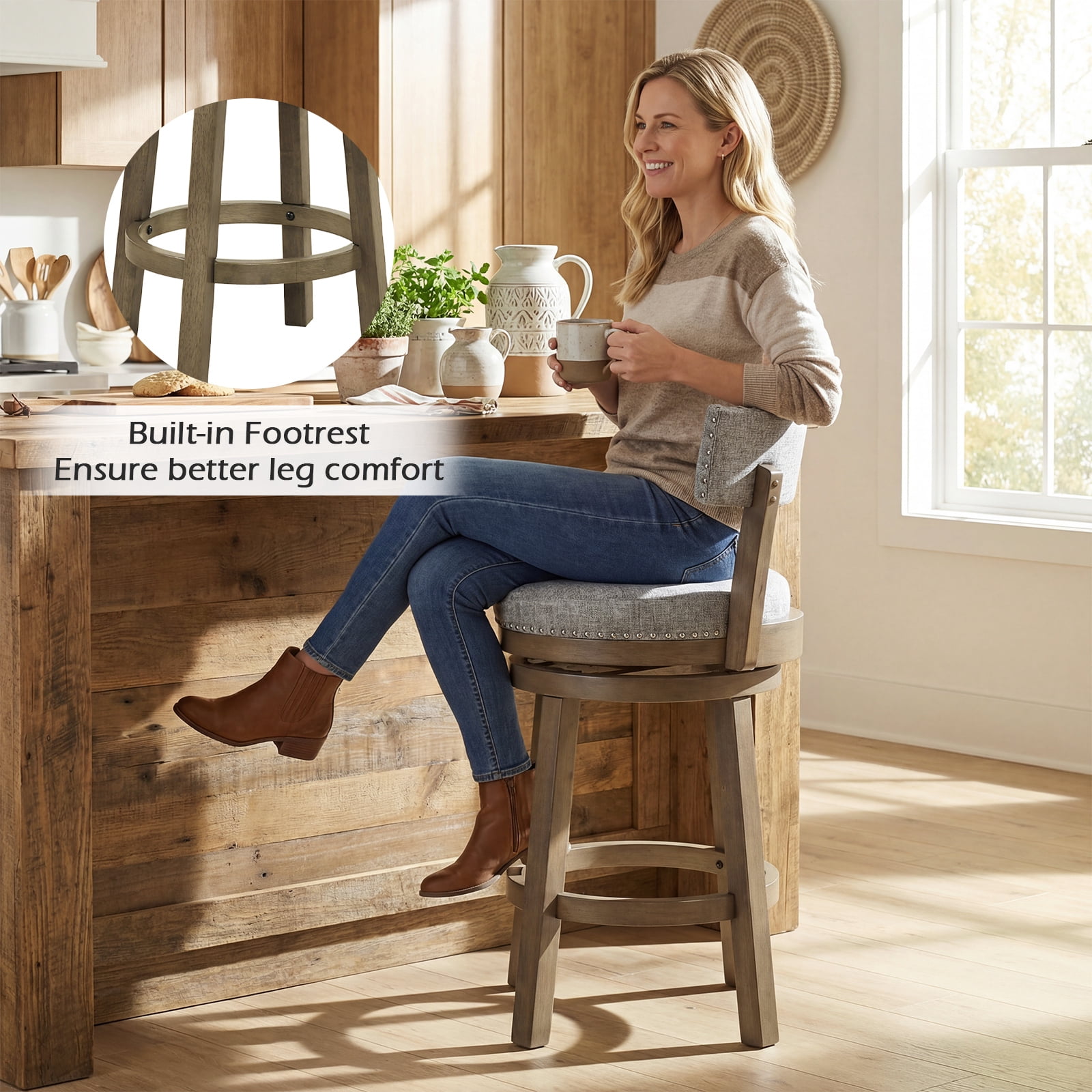Gymax Swivel Counter Height Bar Stool Upholstered Barstool w/ Padded Back & Rubber Wood Legs