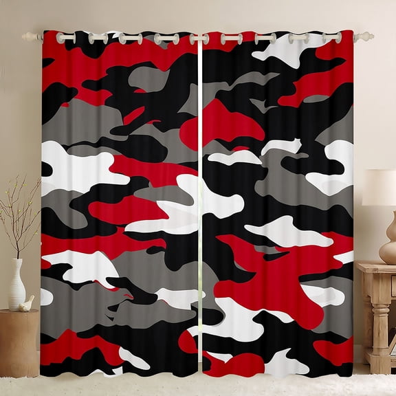 Manfei Camouflage Black Out Curtains for Teens, Grey Red Curtains Pack of 2 (42x63 Each), Army Military Theme Bedroom Curtains, Window Curtains Room Decorative