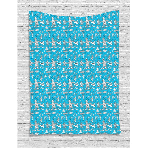 Ski Pattern Tapestry, Winter Themed Childish Doodle Pattern of Snowboarding People and Bear, Wall Hanging for Bedroom Living Room Dorm Decor, 40W X 60L Inches, Sky Blue and White, by Ambesonne