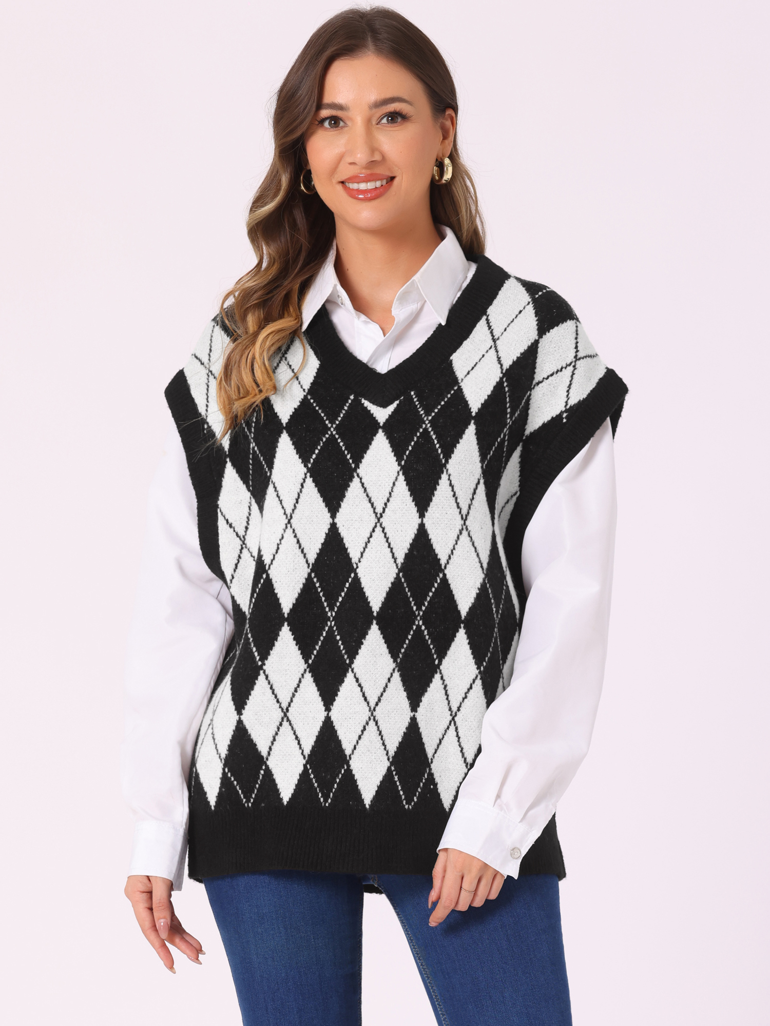 DARING DIVA Plus Size Contrast Color Sweater Vest Knit Pullover M Black