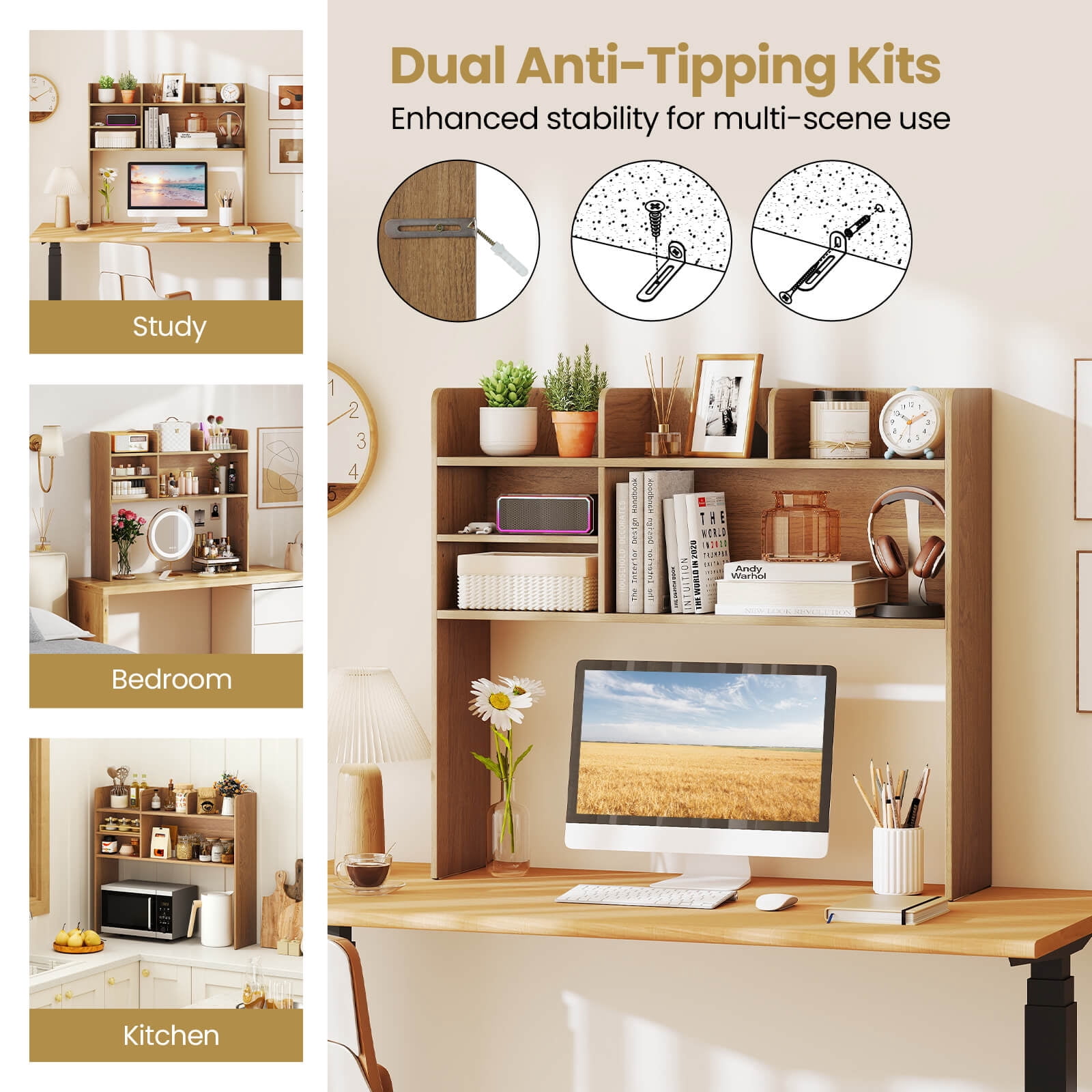 Costway 3-Tier Desktop Bookshelf with 6 Shelves Desk Organizer for Computer Desk Natural
