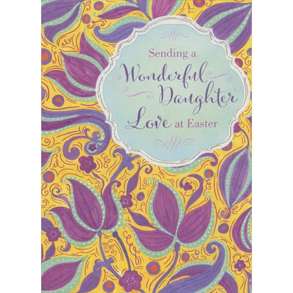 Designer Greetings Sparkling Die Cut Window Surrounded By Purple and Blue Flowers on Yellow Easter Card for Daughter