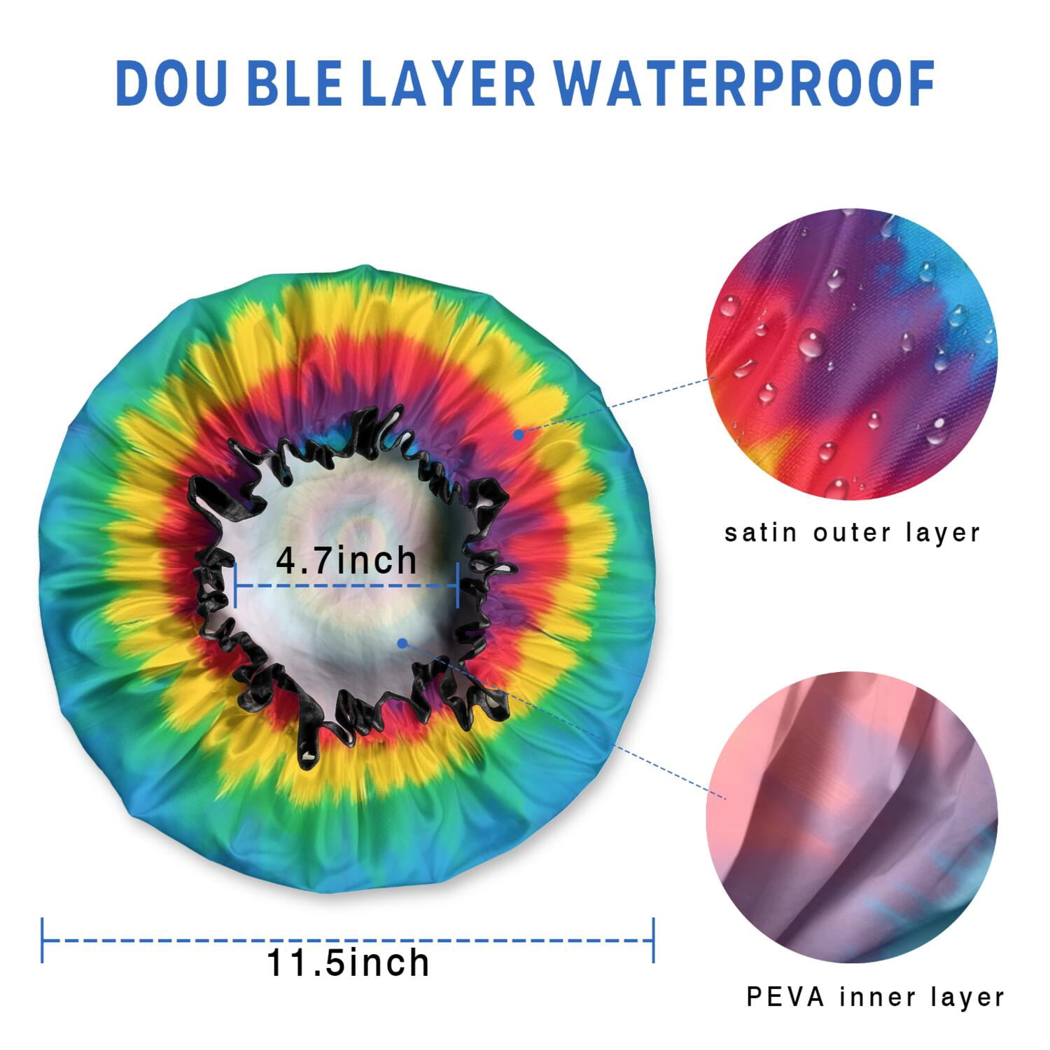 Shower Caps,Colorful Rainbow Tie Dye Spiral Pattern Waterproof Shower Cap for Women 4 Pieces,Double Reusable Hair Cover for Shower PEVA Elastic Stretch Hem