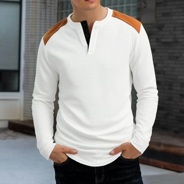 pstuiky Camisas suaves de manga larga para hombre, Blusa/camisa informal y moderna de color liso con cuello redondo y botones en bloques de color para hombre Tops de hombre xl