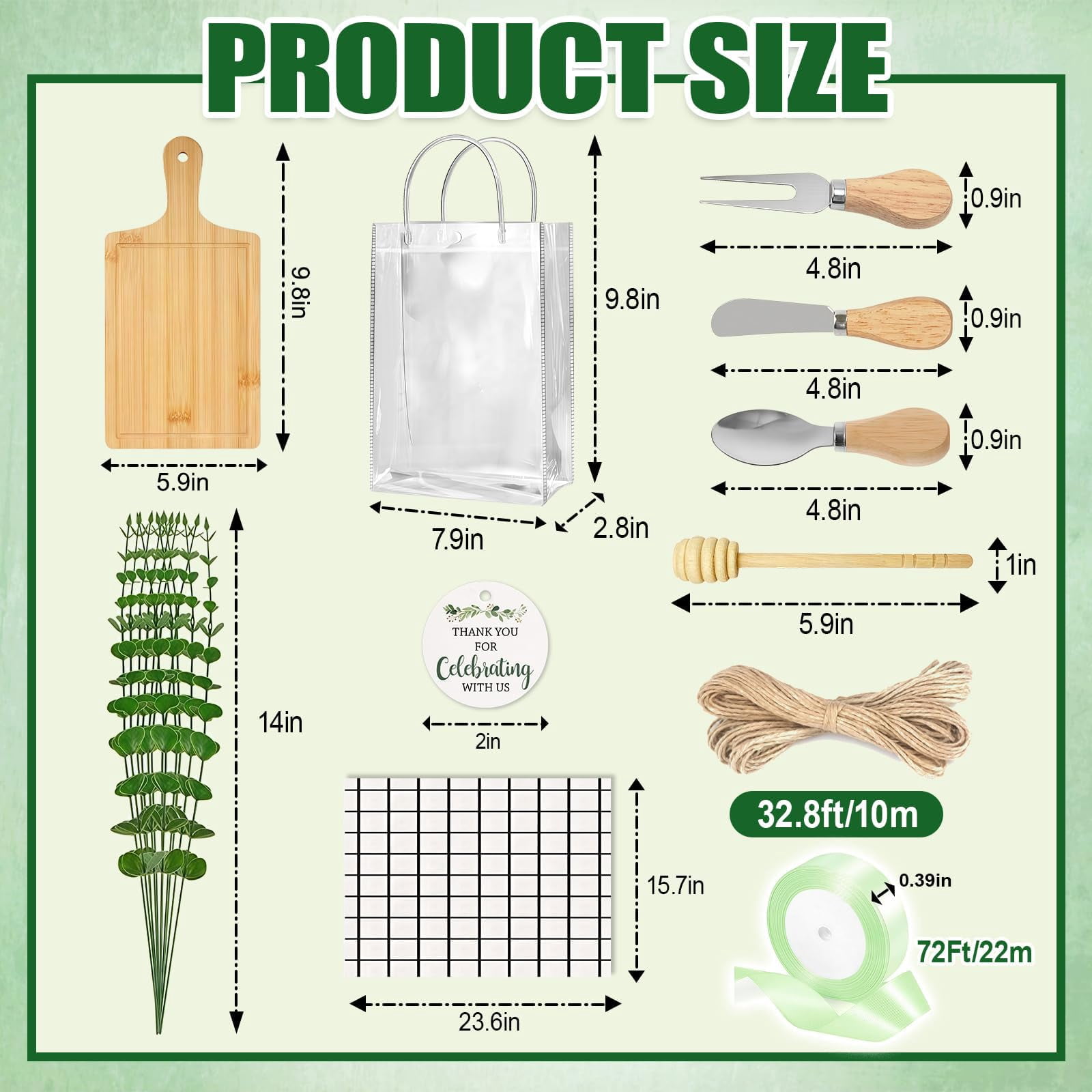 62 Pcs/6 Set Baby Shower Prizes for Game Winners, Bamboo Cheese Board Gift for Guest with Knives Fork Spoon, Honey Sticks, Tablecloth, Eucalyptus Stem, Gift Bag, Bridal Shower Party Favors
