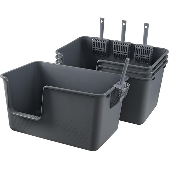 4-Pack Open Top Large Cat Litter Box with High Sided, 12.8" Heigh Anti-Splashing  Litter Box with Scoop, Gray