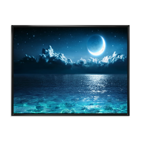 Designart 'Romantic Moon and Clouds Over Deep Blue Sea I' Nautical & Coastal Framed Canvas Wall Art Print