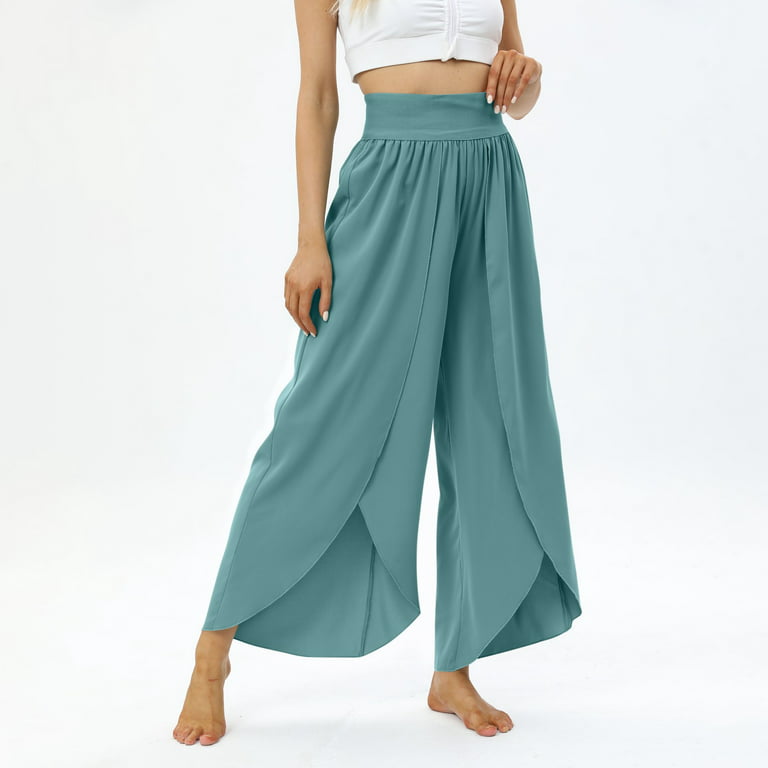 YDKZYMD Womens High Waisted Wide Leg Pants Pull on Crossover Yoga Flowy  Flowy Pants Palazzo Workout Trendy Summer Trousers with Pockets Navy 3XL 